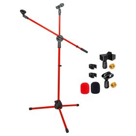5 Core Mic Stand Floor Height Adjustable Tripod Microphone Stands w Extending Telescoping Boom Arm - MS DBL G - RED