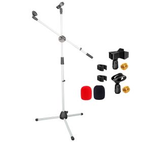 5 Core Mic Stand Floor Height Adjustable Tripod Microphone Stands w Extending Telescoping Boom Arm - MS DBL G - WHITE